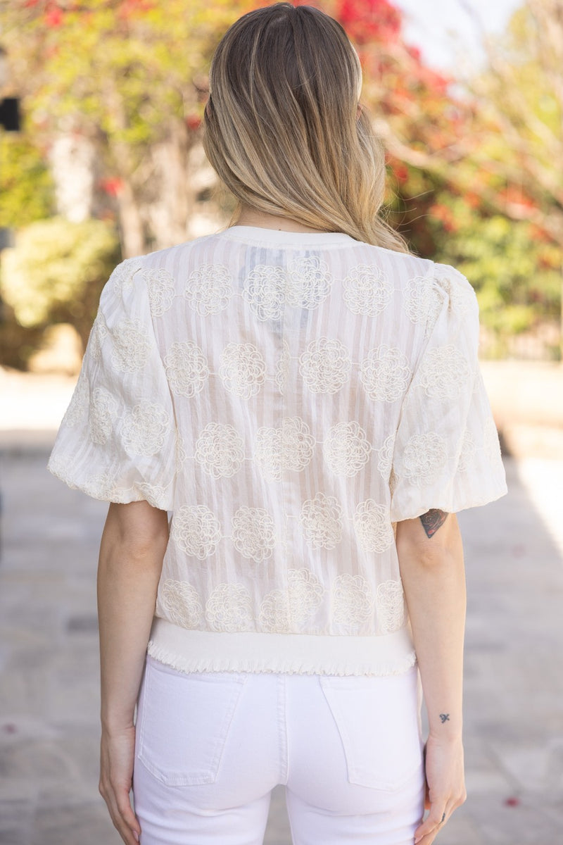 Abigail Floral Embroidered Top with Elastic Hem