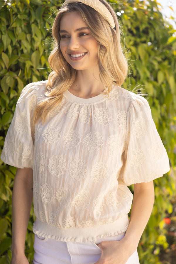 Abigail Floral Embroidered Top with Elastic Hem