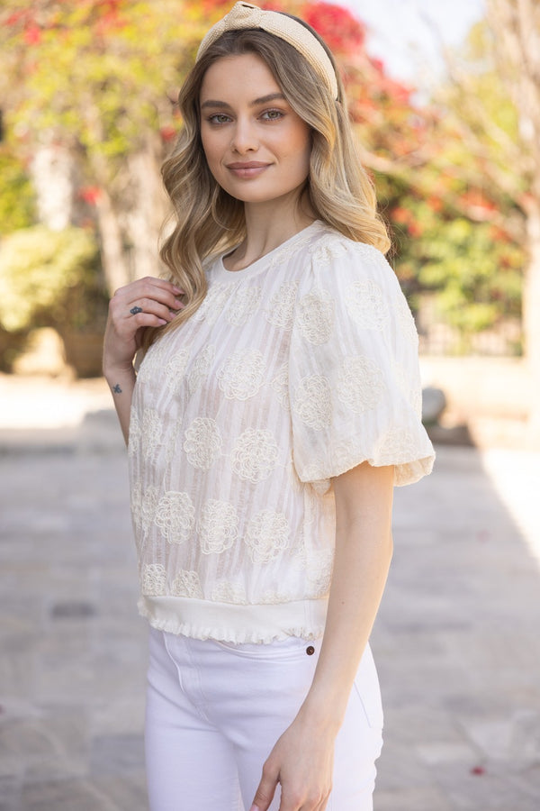 Abigail Floral Embroidered Top with Elastic Hem