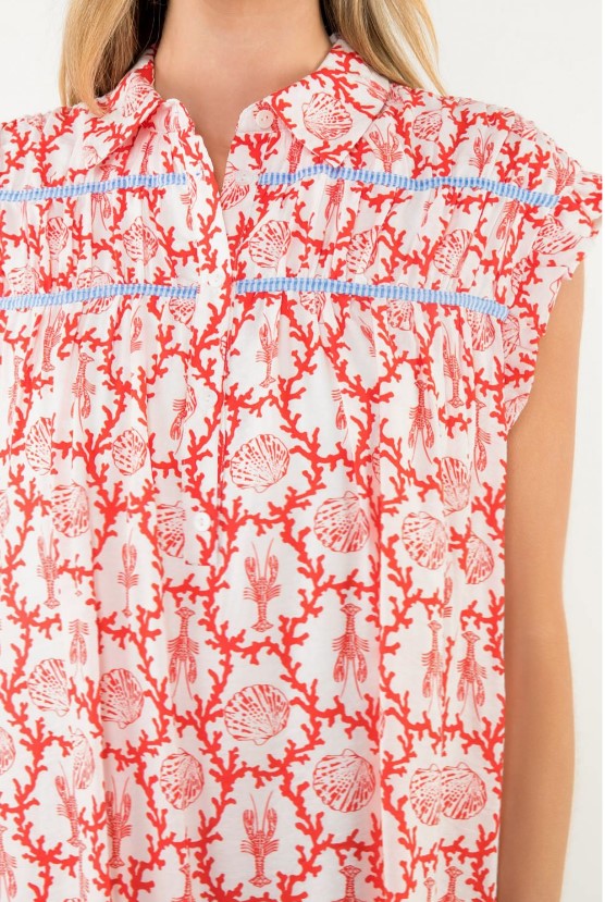 Lobster & Shell Print Mini Dress-Red