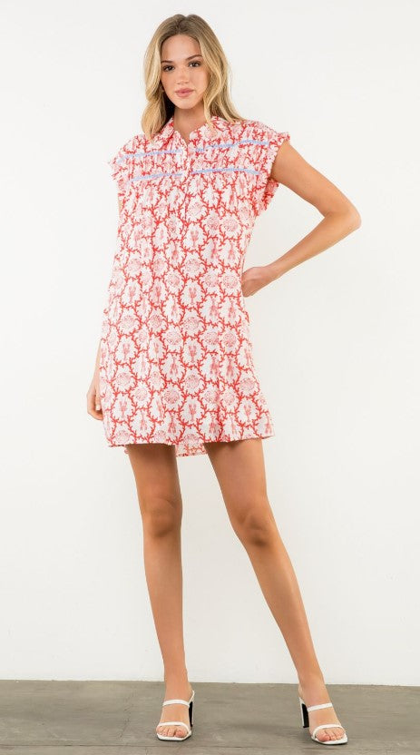 Lobster & Shell Print Mini Dress-Red