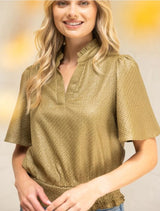 Alma Textured V-Neck Top W/Smocked Hem