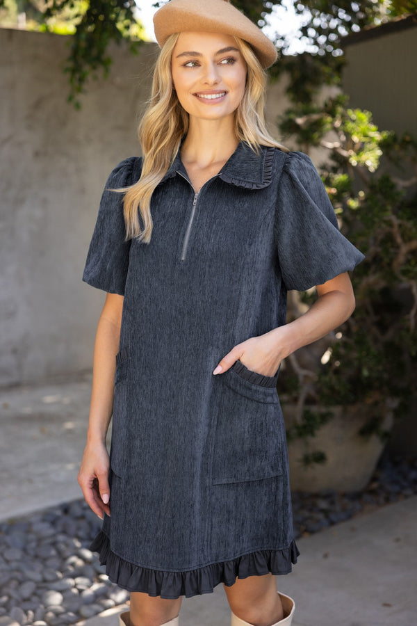 Ashley Quarter Zip Ruffle Accent Dress