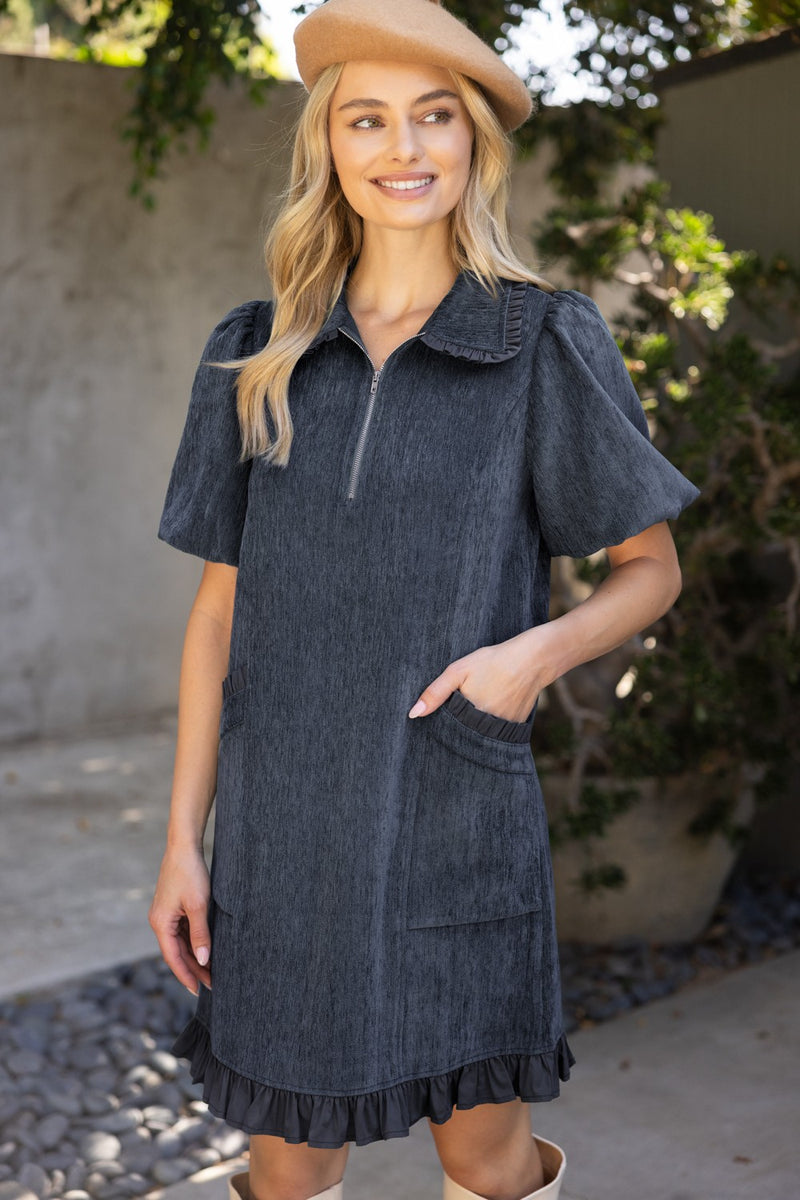 Ashley Quarter Zip Ruffle Accent Dress