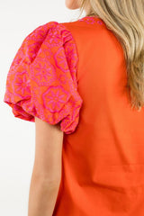 Bella Orange Embroidered Puff Sleeve Top