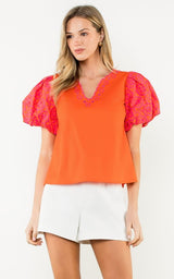 Bella Orange Embroidered Puff Sleeve Top