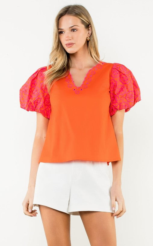 Bella Orange Embroidered Puff Sleeve Top