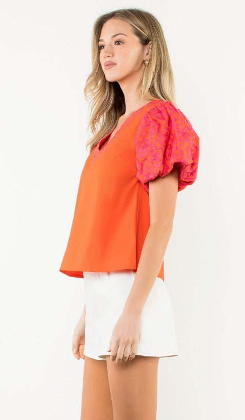 Bella Orange Embroidered Puff Sleeve Top