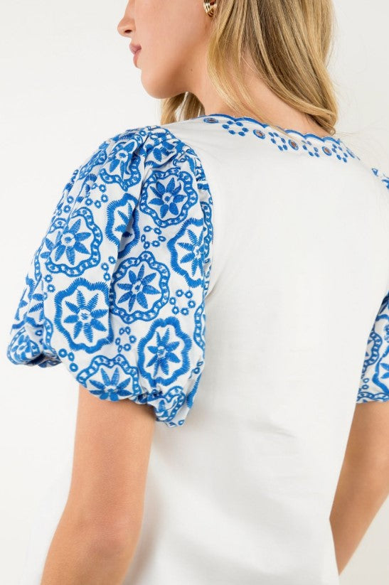 Bella White Embroidered Puff Sleeve Top
