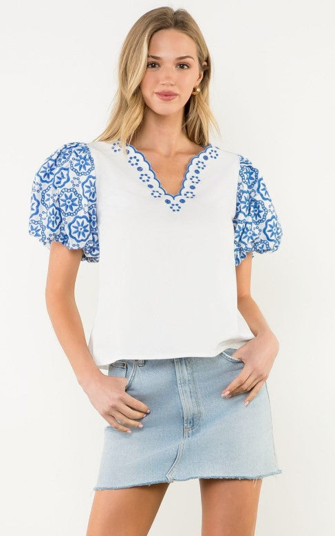 Bella White Embroidered Puff Sleeve Top