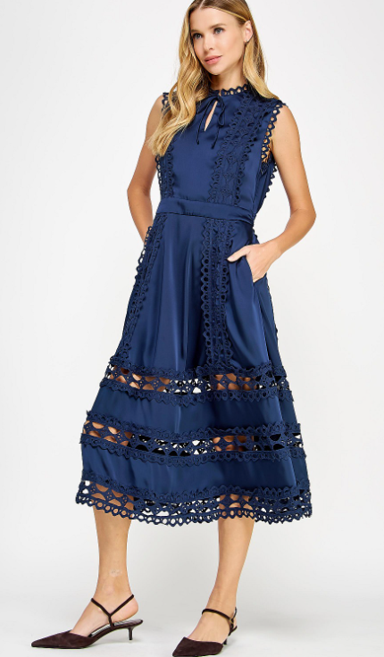 Carrington Navy Scalloped Edge Crochet Midi Dress