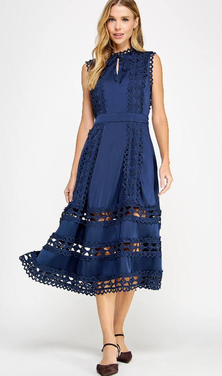 Carrington Navy Scalloped Edge Crochet Midi Dress