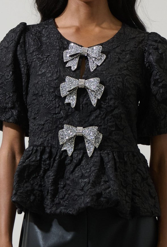 Celine Jacquard and Rhinestone Bow Top