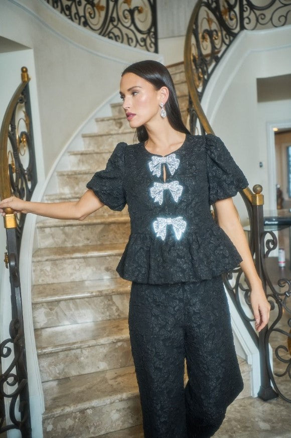 Celine Jacquard and Rhinestone Bow Top