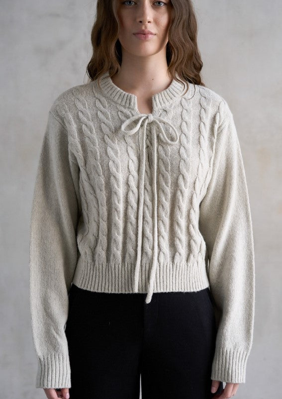 Greta Slit Neck Cabled Sweater with Tie
