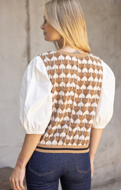 Isabella Heart Print Top with Contrast Sleeve