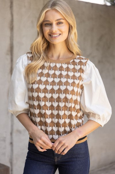 Isabella Heart Print Top with Contrast Sleeve