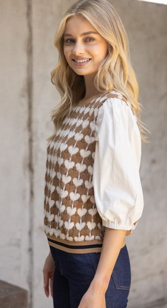 Isabella Heart Print Top with Contrast Sleeve