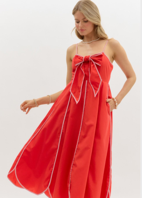 Isla Red Tied Bow Midi Dress