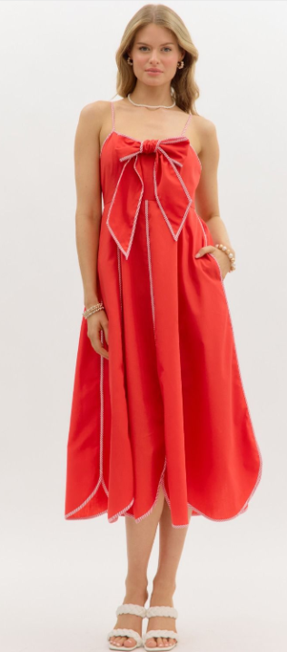 Isla Red Tied Bow Midi Dress