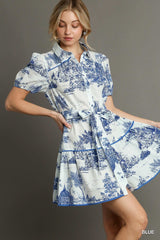 Two Tone Landscape Print Button Down Mini Dress with Piping Details & Belt Front Tie