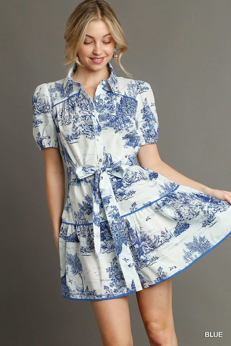 Two Tone Landscape Print Button Down Mini Dress with Piping Details & Belt Front Tie