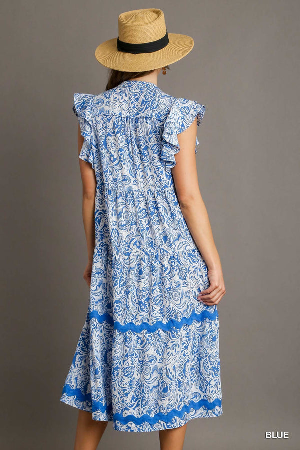 Two Tone Floral Print Midi Dress