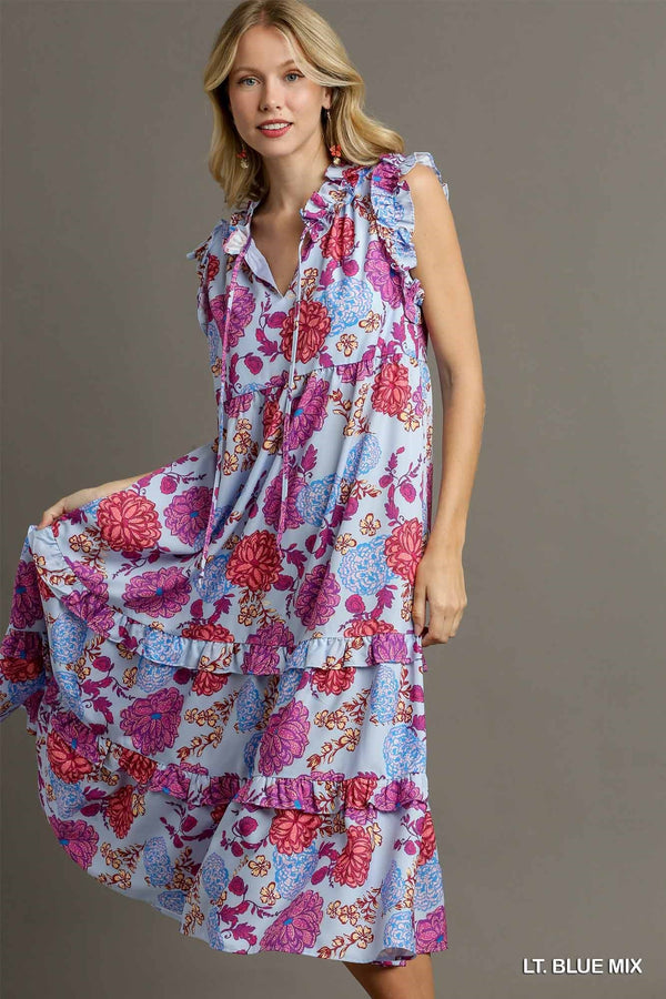 Floral Ruffle V-Neckt Tie Tiered Maxi Dress