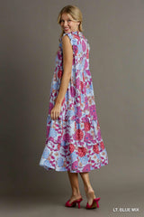 Floral Ruffle V-Neckt Tie Tiered Maxi Dress