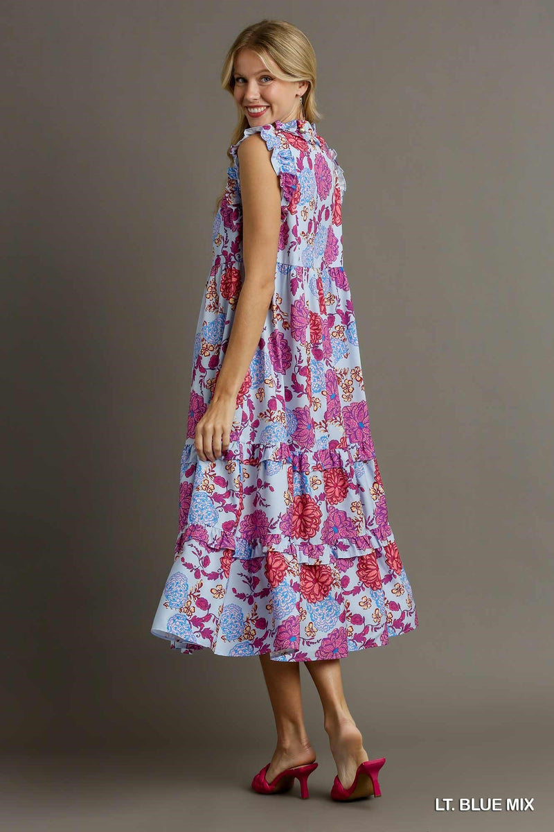 Floral Ruffle V-Neckt Tie Tiered Maxi Dress