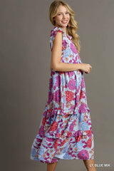 Floral Ruffle V-Neckt Tie Tiered Maxi Dress