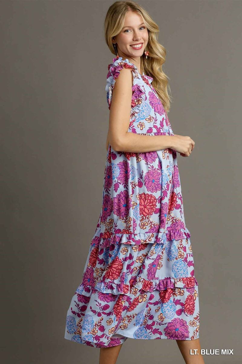 Floral Ruffle V-Neckt Tie Tiered Maxi Dress