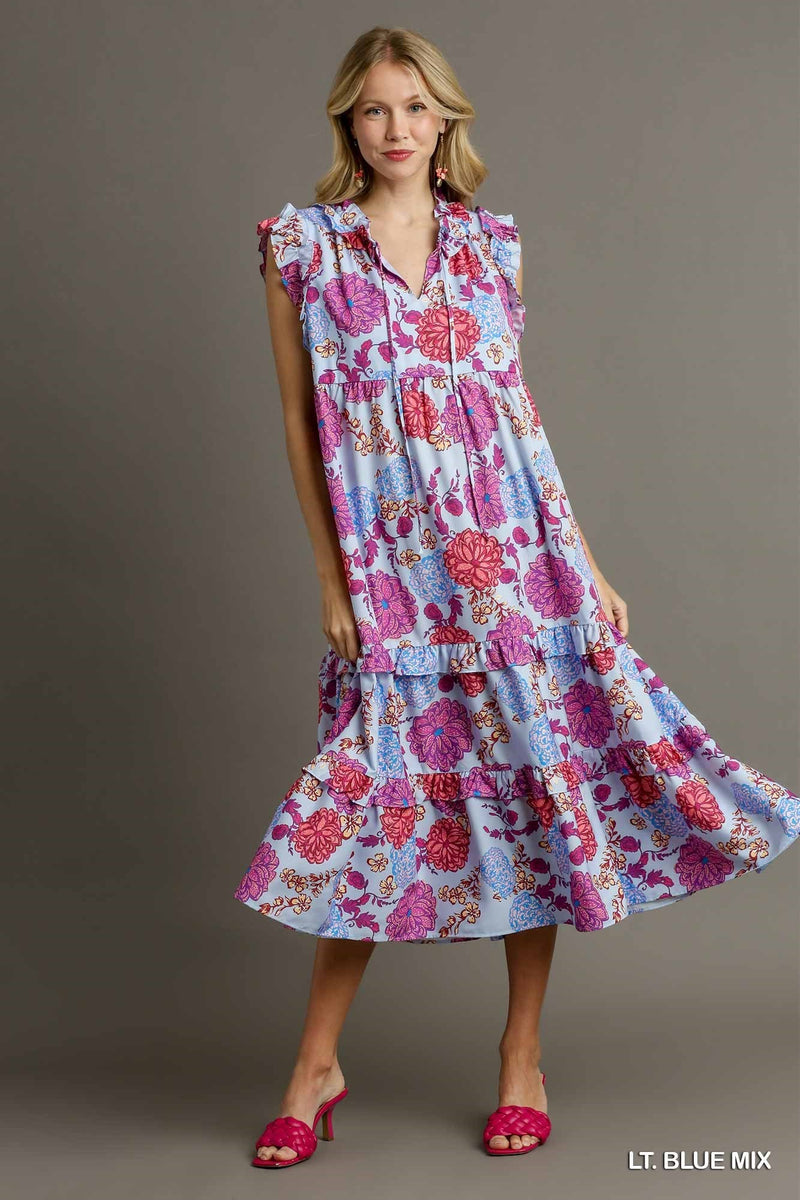 Floral Ruffle V-Neckt Tie Tiered Maxi Dress