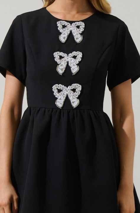 Katia Flare Mini Dress with Rhinestone Bow