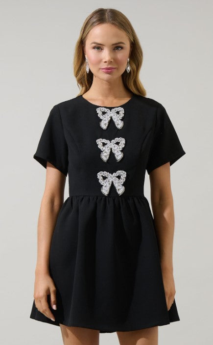 Katia Flare Mini Dress with Rhinestone Bow