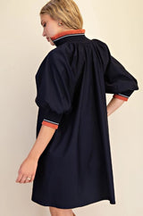 Leoni Mock Neck Band Puff Sleeve Mini Dress