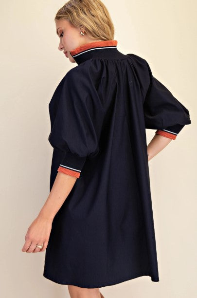 Leoni Mock Neck Band Puff Sleeve Mini Dress