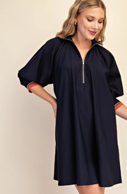 Leoni Mock Neck Band Puff Sleeve Mini Dress