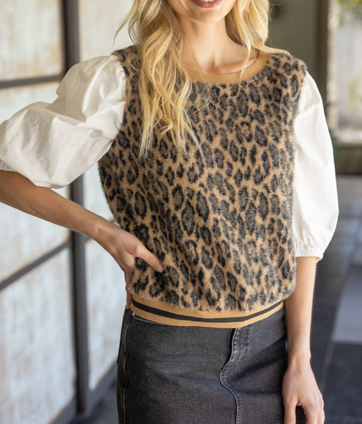 Lila Leopard Fur Contrast Sleeve Top