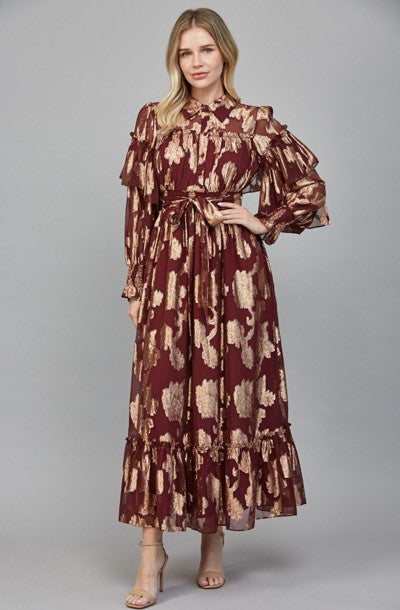 Luna Metallic Floral Chiffon Maxi Dress