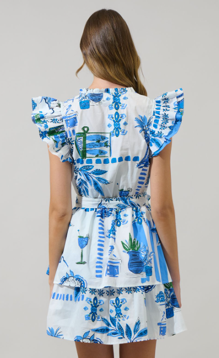 Margaux Postcard Themed Tiered Mini Dress