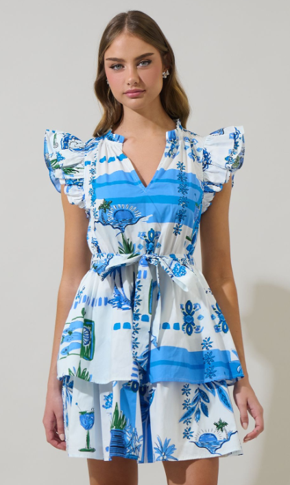 Margaux Postcard Themed Tiered Mini Dress