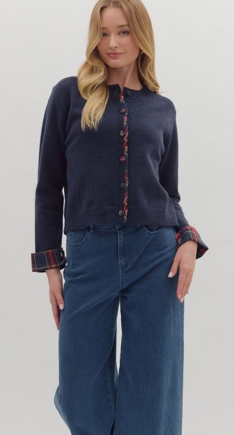 Margo Cardigan with Plaid Trim