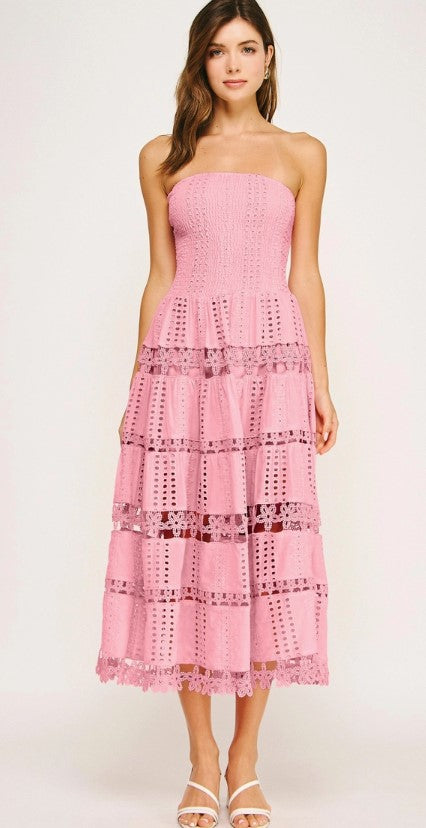 Meeghan Eyelet Lace Tube Dress Large / Pink Meeghan Eyelet Lace Tube Dress Large / Pink
