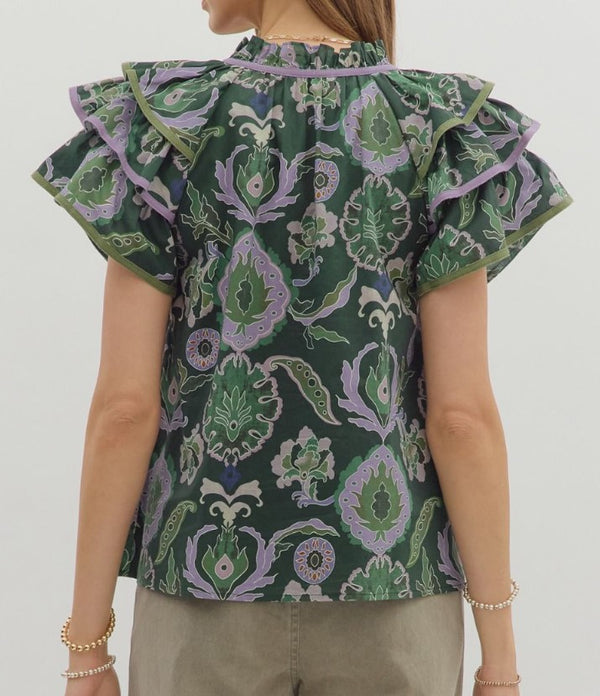Paisley Tiered Ruffle Sleeve Top