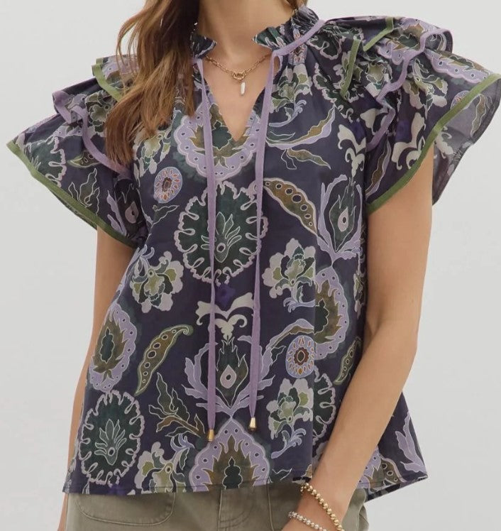 Paisley Tiered Ruffle Sleeve Top