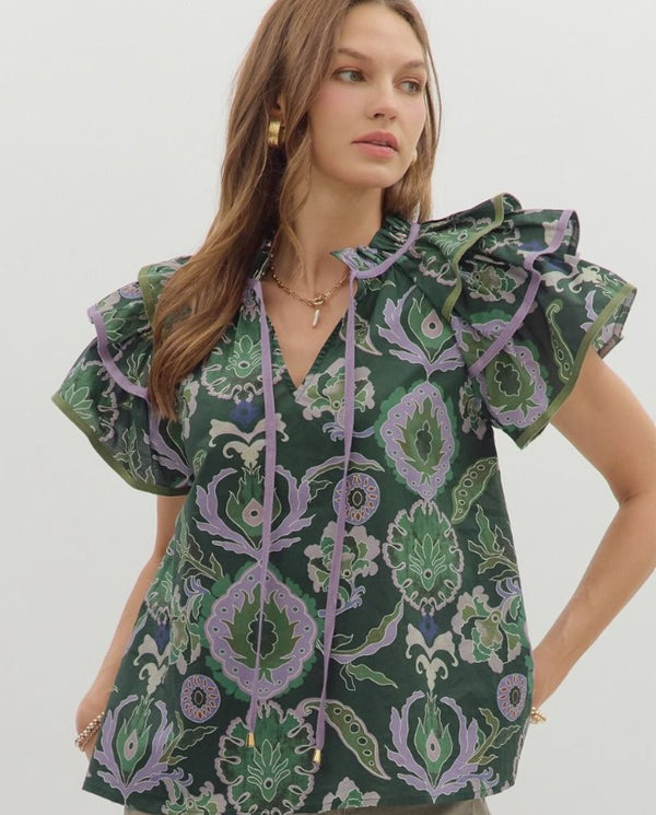 Paisley Tiered Ruffle Sleeve Top