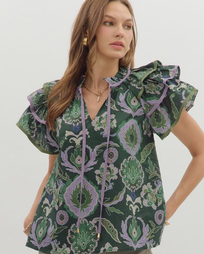 Paisley Tiered Ruffle Sleeve Top