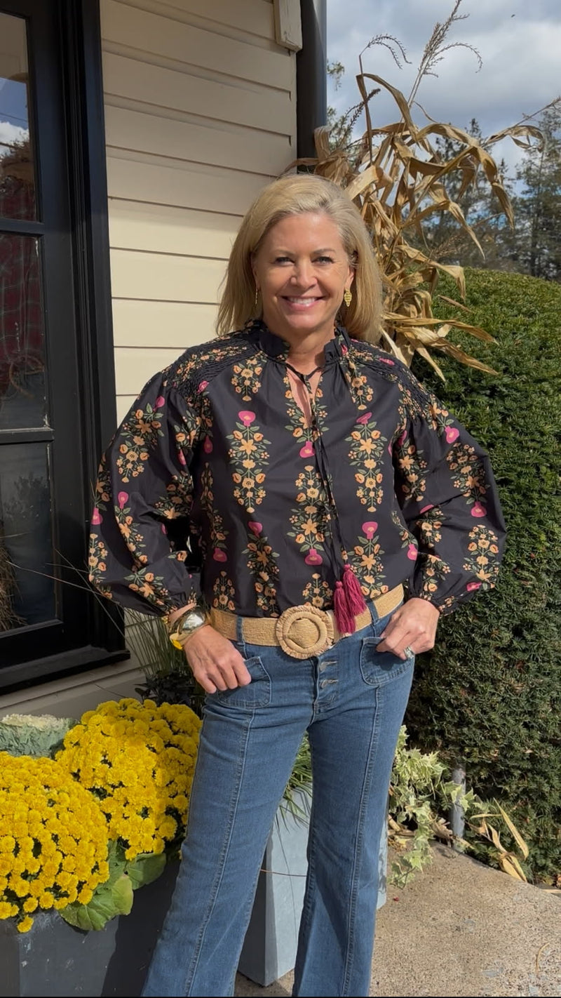 Palmer Botanical Long Sleeve Top with Tassel Tie