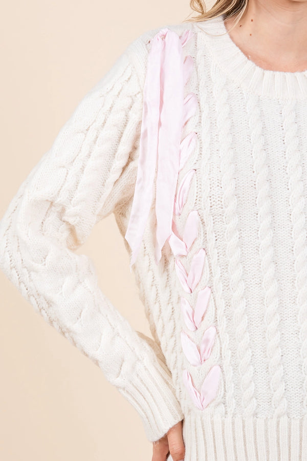 Priscilla Ribbon Threaded Cable Knit Sweater